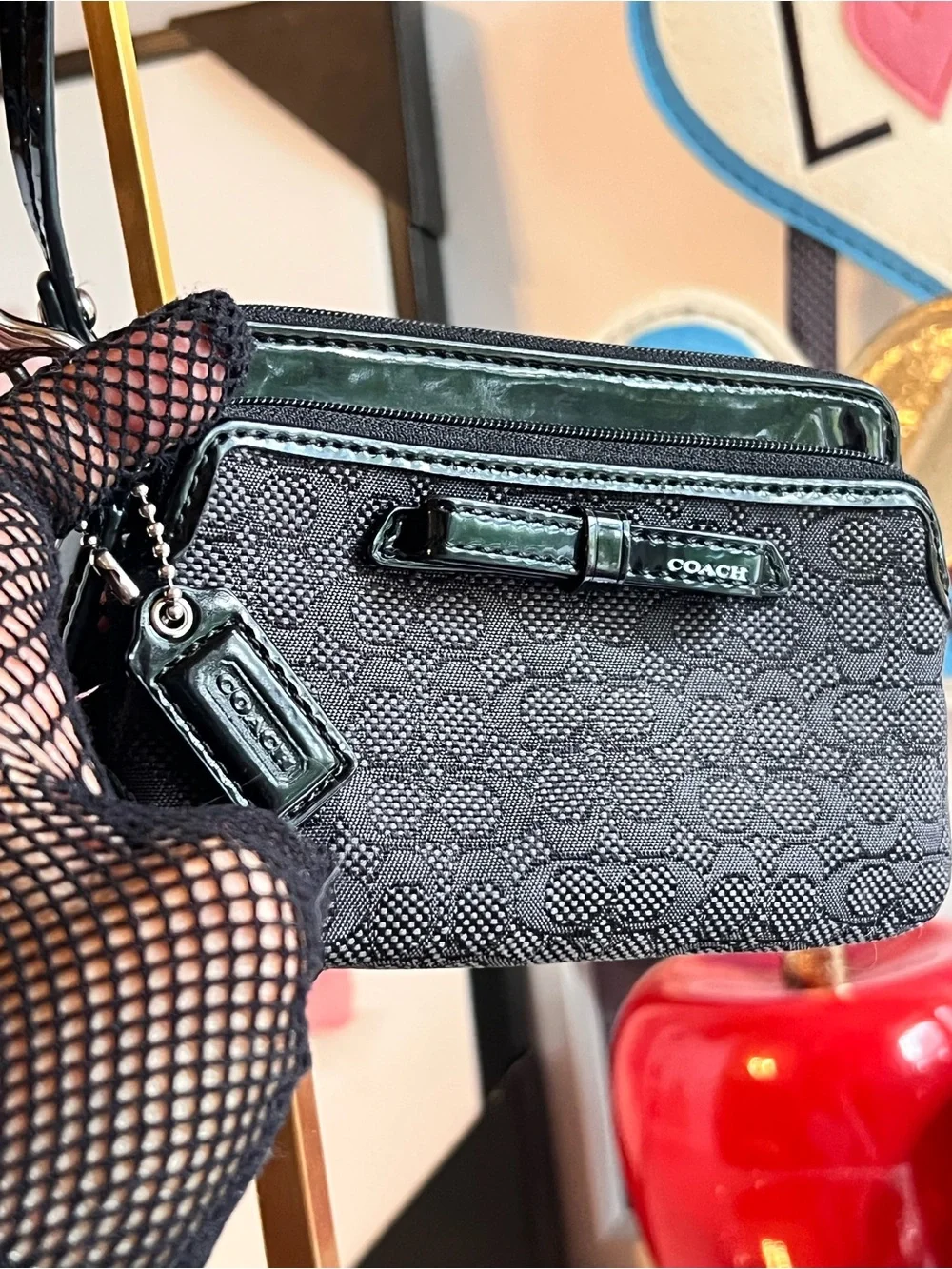 Coach Black Signature with Patent Trim double zipper wristlet